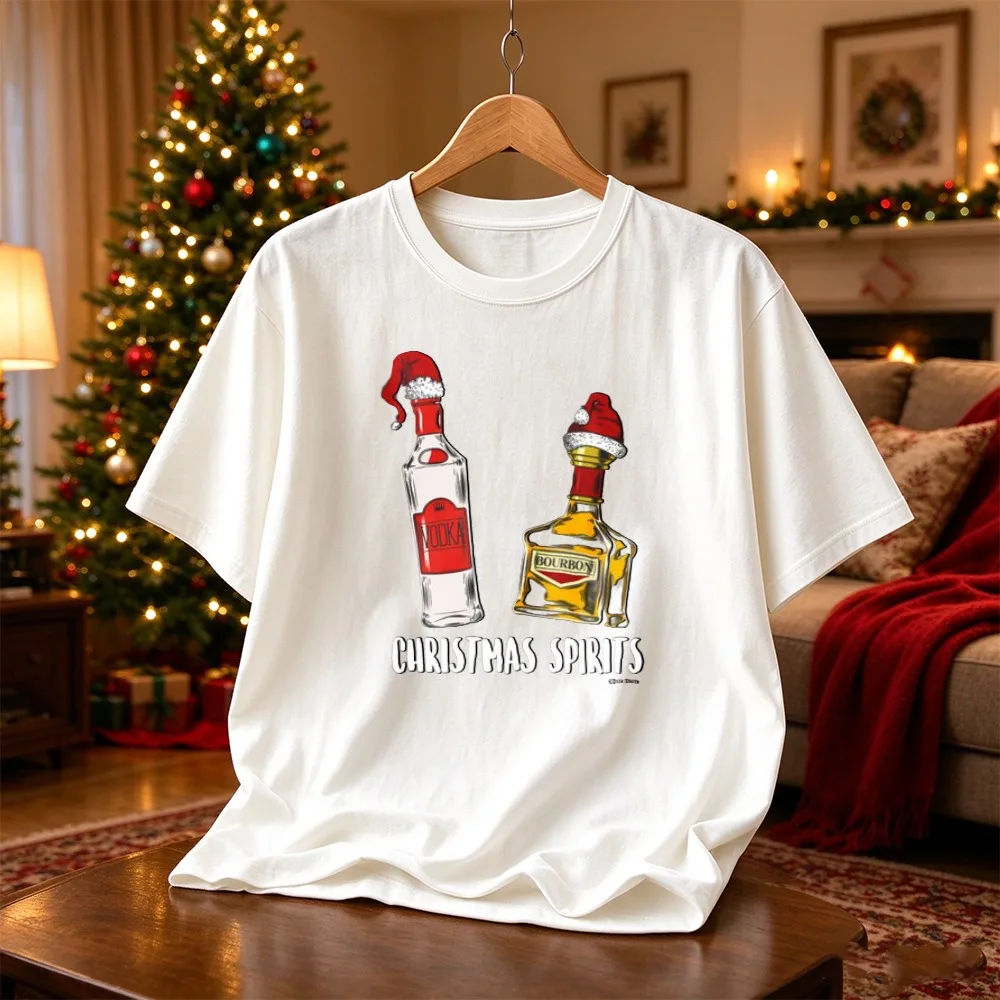 Christmas Spirits Vodka Bourbon Party Shirt Funny Liquor Bottle Santa Hat Tee Black Holiday Drinking Gift for Men Dad Husband