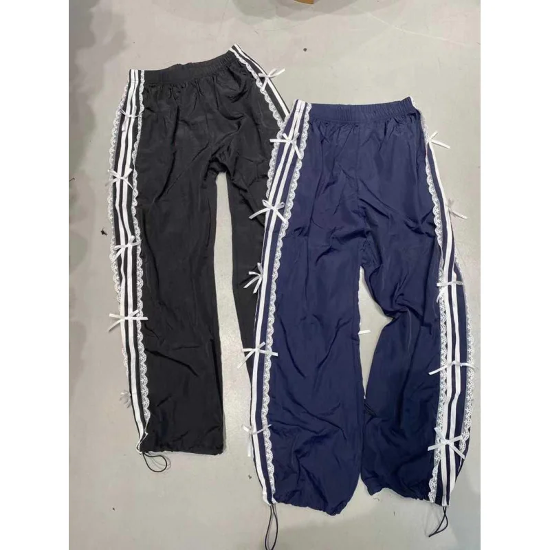 

Autumn Chic Elastic Waist Lace Trim White Stripe Knot Jogger Sweatpants Casual pants Slimming Sports