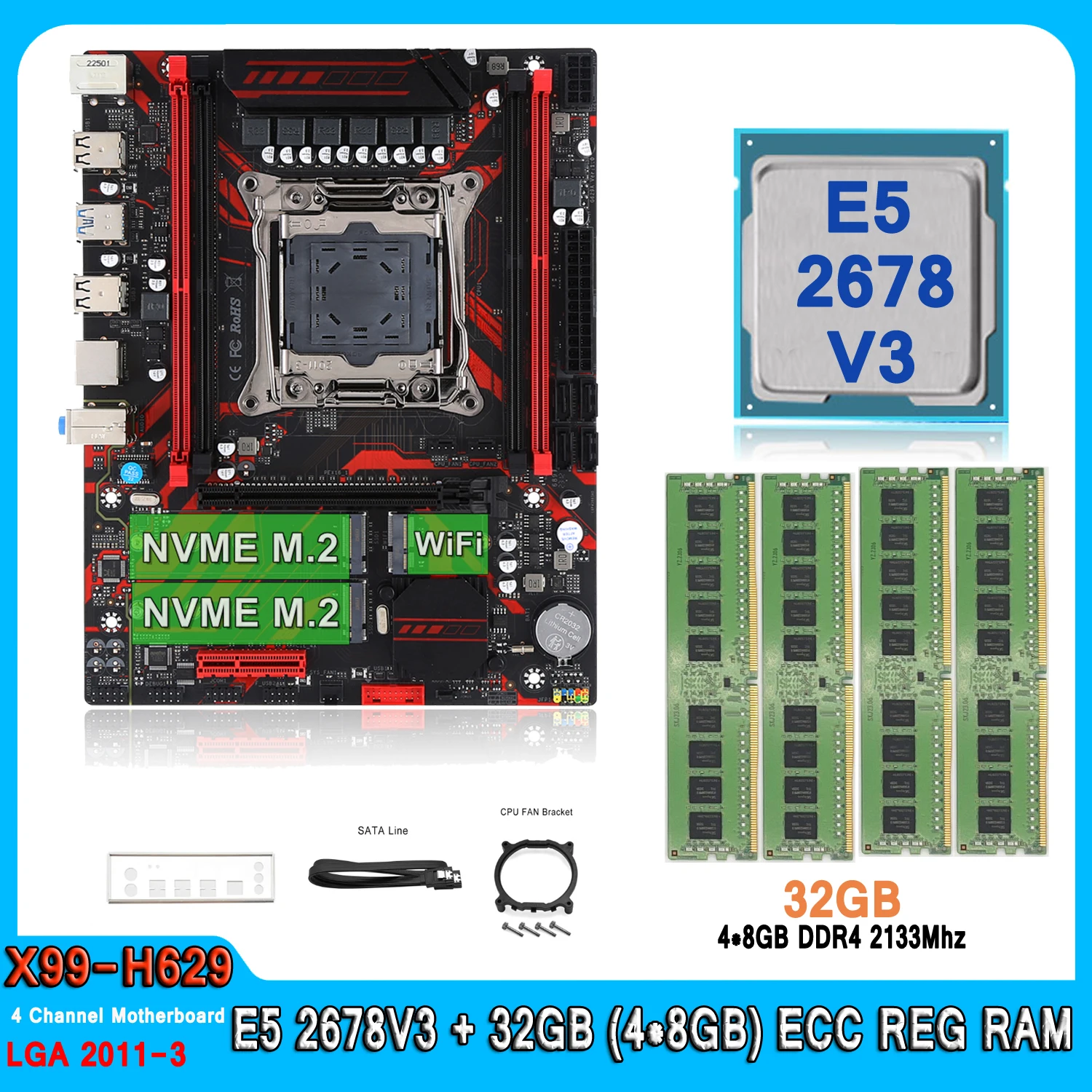 X99 Motherboard Kit XEON LGA 2011-3 Set E5 2678 V3 With 32GB(4*8GB) DDR4 REG RAM Combo Four Channel E5 2678V3 Motherboard Set