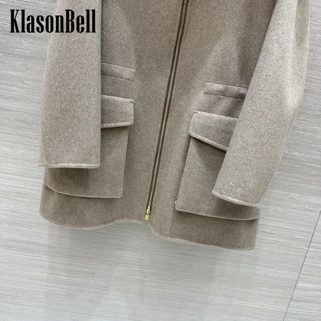 9.2 KlasonBell Women\'s Hooded Adjustable Drawstring Waist Double-Side Wool Coat Vintage Fashion Big Pocket Zipper Outerwear