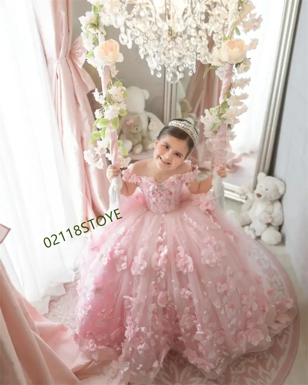 Flower Girl Dress For Wedding Pink 3d Applique Off Shoulder Beading PearlsTulle Child First Eucharistic Birthday Party Dresses