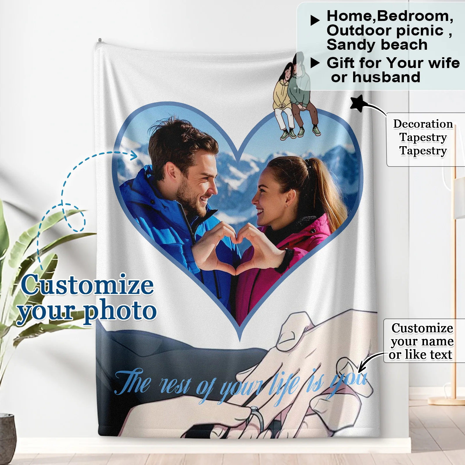 

White Proposal Background Blanket Love Shape Custom Blankets with Photo Text or Name Valentine's Day Wedding Holiday Decoration