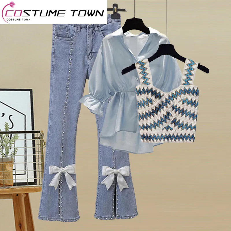 Spring/Summer Fashion Three Piece Set Temperament Chiffon Shirt Small Fragrant Knitted Back Temperament Split Jeans