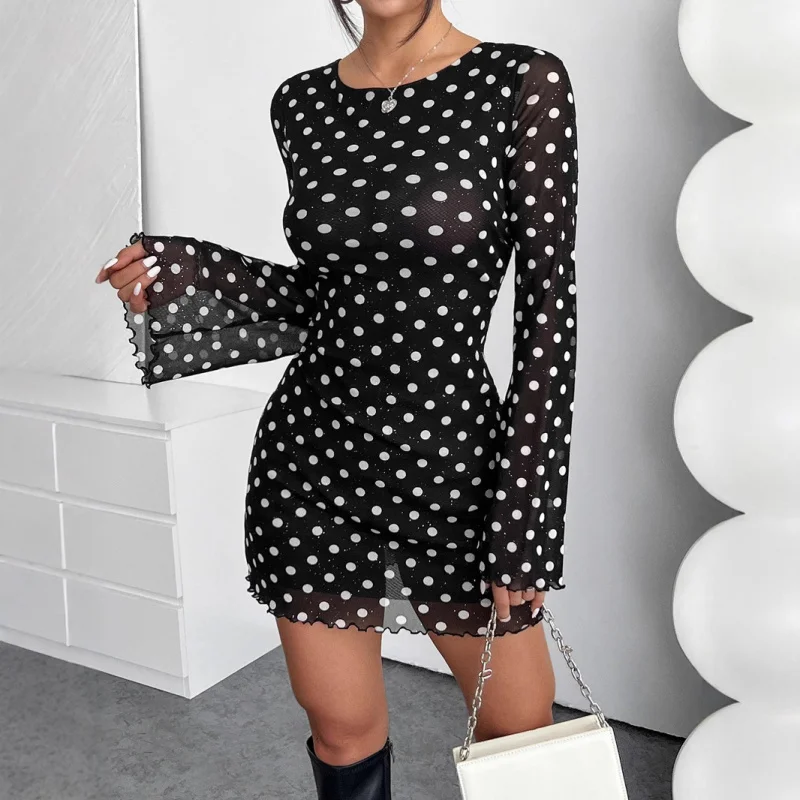 

2025New Elegant Ladies Mesh Polka Dot Print Round Neck Backless Long Sleeve Dress