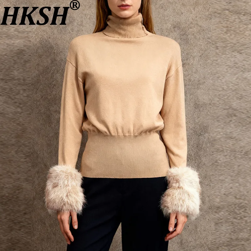 

HKSH 2025 Autumn Winter New Women Sweater Turtleneck Long Sleeves Patchwork Fur Tide High-end Elegant Chic Knitted Tops SHK16268
