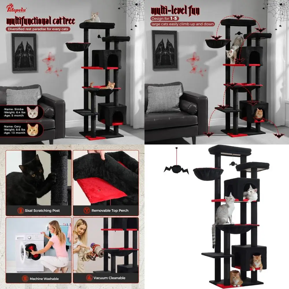 

Дерево для кошек в готическом стиле 69 с большим гамаком, стойками для когтеточек и уютным домиком для крупных домашних кошек, черное