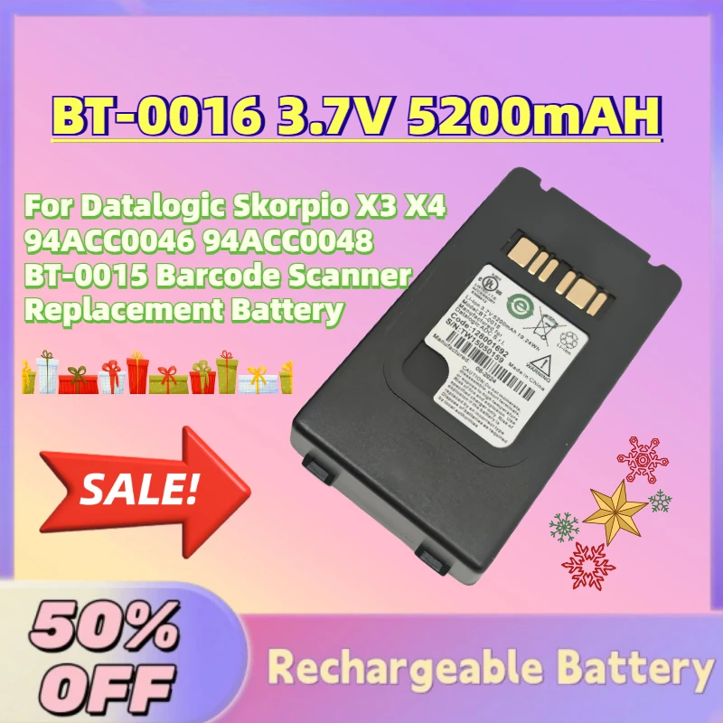 

BT-0016 3.7V 5200mAH Li-ion Battery For Datalogic Skorpio X3 X4 94ACC0046 94ACC0048 BT-0015 Barcode Scanner Replacement Battery