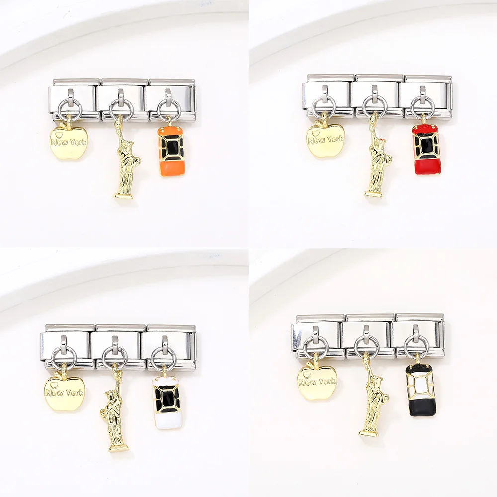 

3pcs Cute Car Apple NewYork Multi Element Pendant Italian Charm Module Stainless Steel Bracelet for Woman Men DIY Jewelry Gift