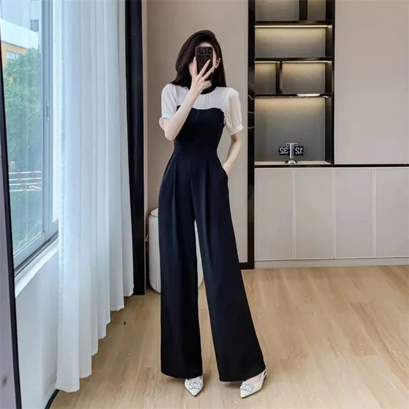 

High-grade Jumpsuit Ladies Summer Thin 2024 New Temperament Goddess Fan Contrast Age-reducing Fashion Wide-leg Jumpsuit Tide