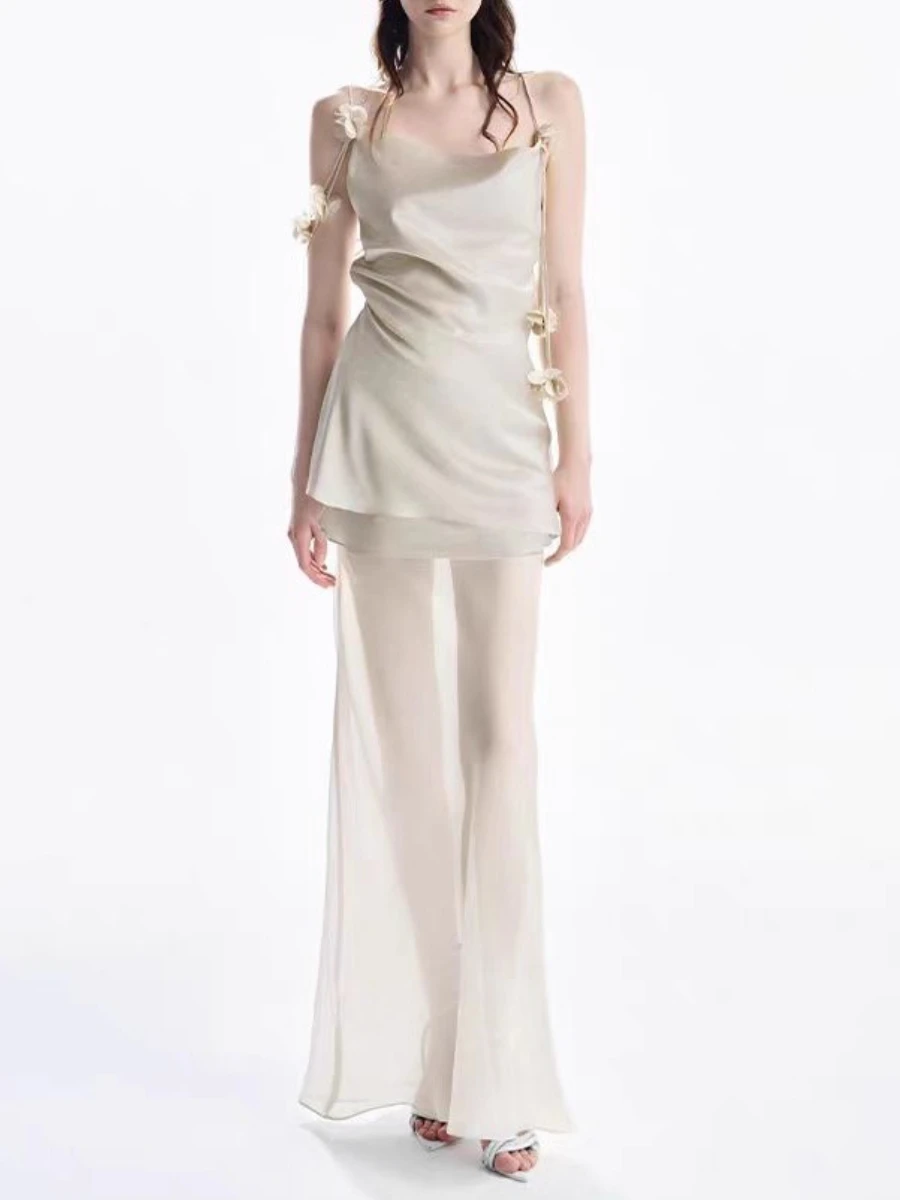 TWOTWINSTYLE Slimming Sheer Spliced 3D Flower Sexy Dresses for Women Square Neck Sleeveless Backless Vintage Dress Female New