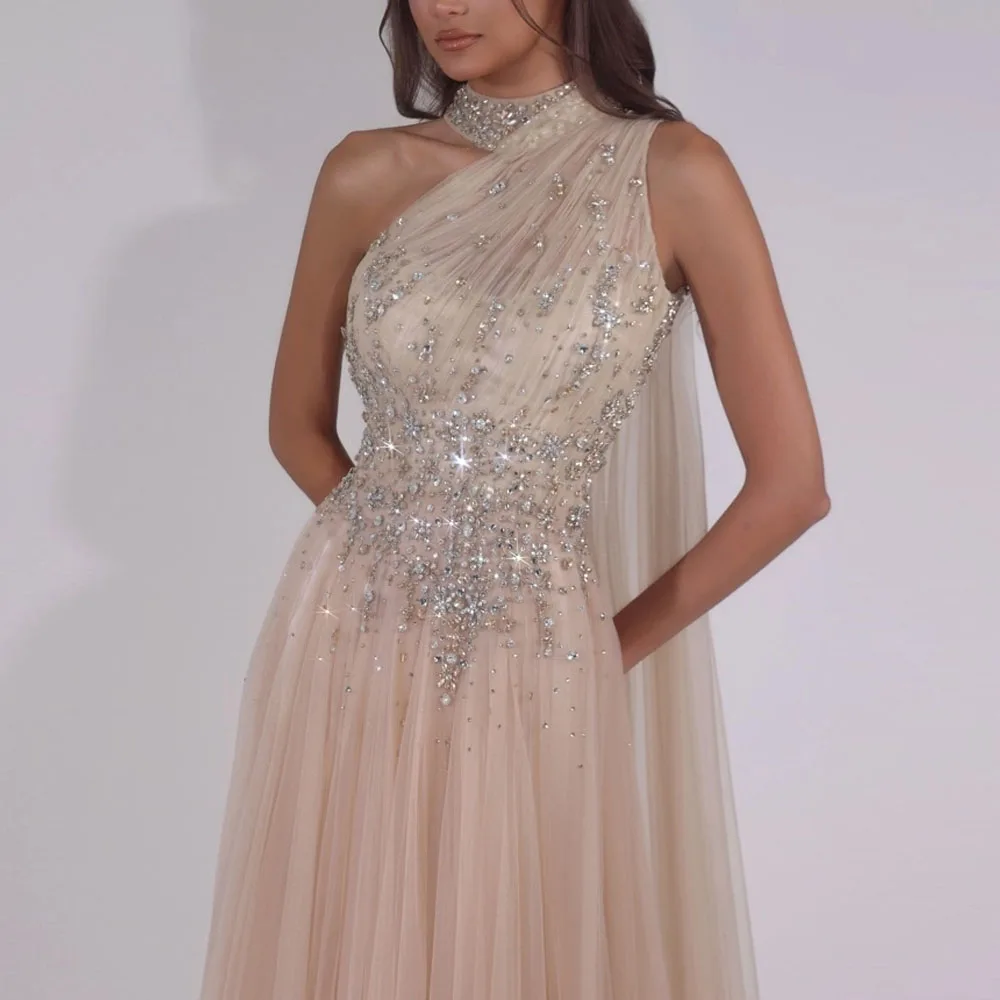Customized Modest Crystal Flowy Evening Dresses for Women One Shoulder A Line Formal Gown with Shawl Tulle Wedding Guest Dress
