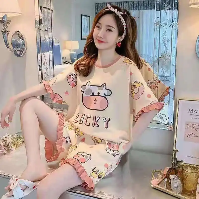 Women\'s pajama set, short sleeved T-shirt and shorts with cow cartoon pattern, 2 pieces, soft casual pajamas