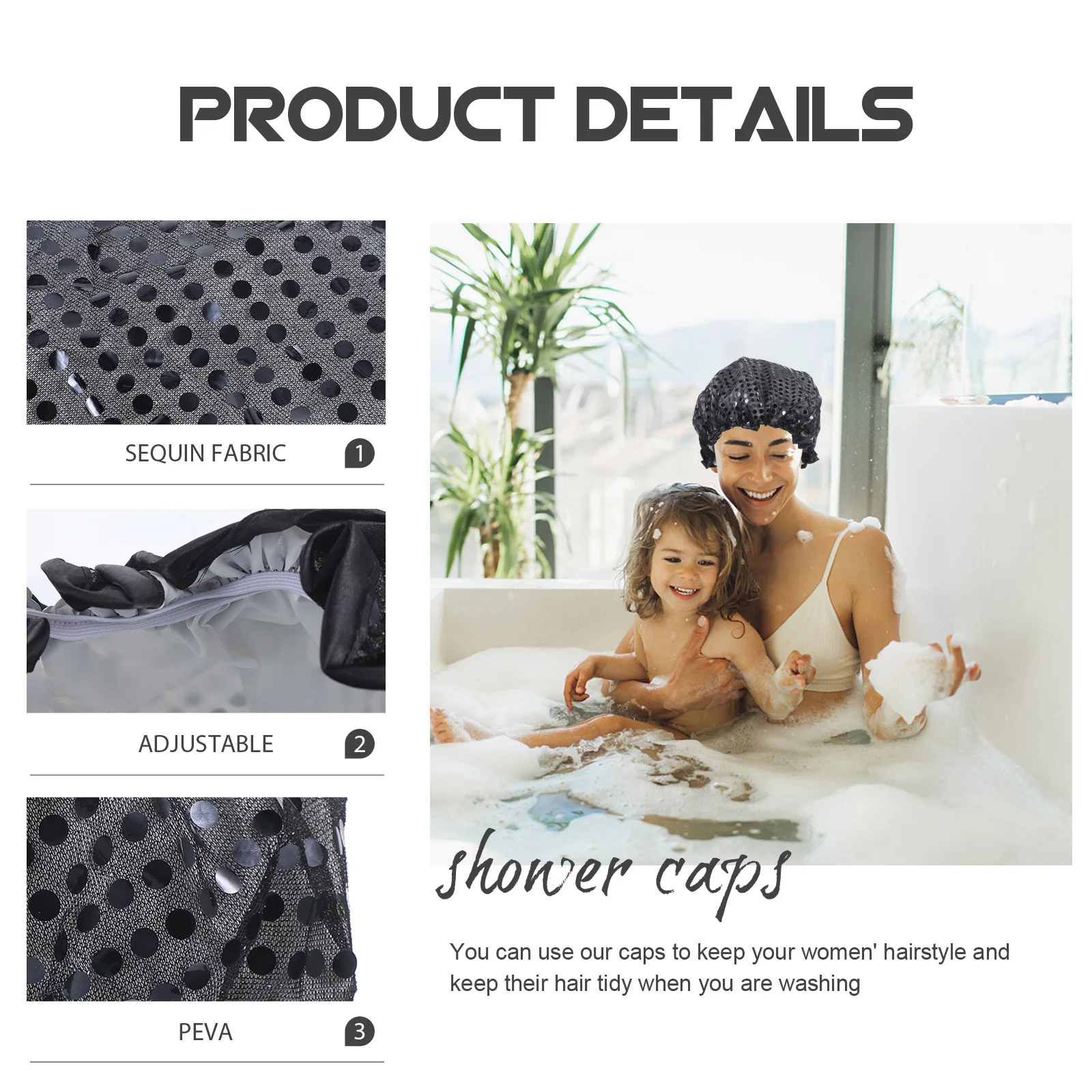 

Waterproof Shower Cap for Women Men Large Printed Elastic Bathing Hat Hair Cover Reusable Long Hair Protection