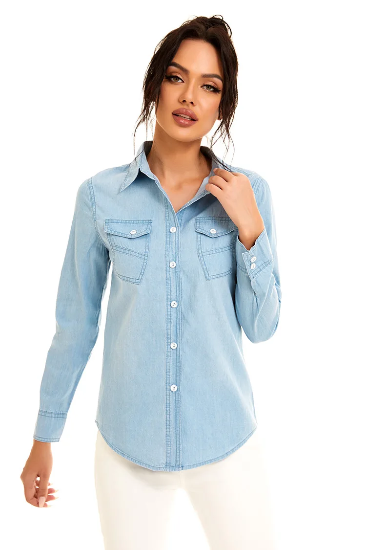 Light Blue Slim Thin Cotton Denim Shirts For Woman 2024 Spring Casual Ladies Tops Long Sleeve Jeans Blouses Clothing