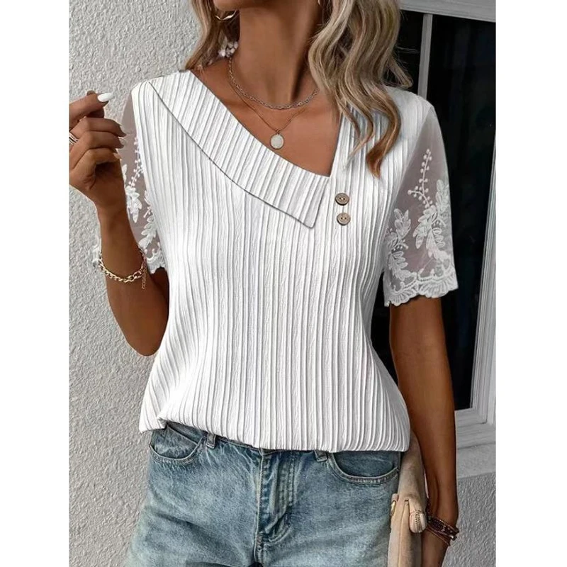 Women\'s Casual Skew Collar Lace Short Sleeve T-shirt, Simple Buttons Loose Shirts, Elegant Blouses, Summer