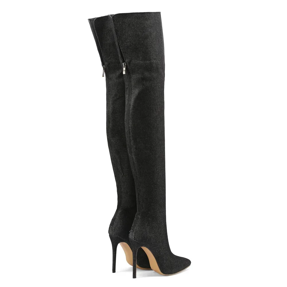 Sexy Women Thigh High Boots Blue Black Denim Thin Stiletto Heels Pointed Toe Party Ladies Back Zipper Jeans Over the Knee Boots - view 5
