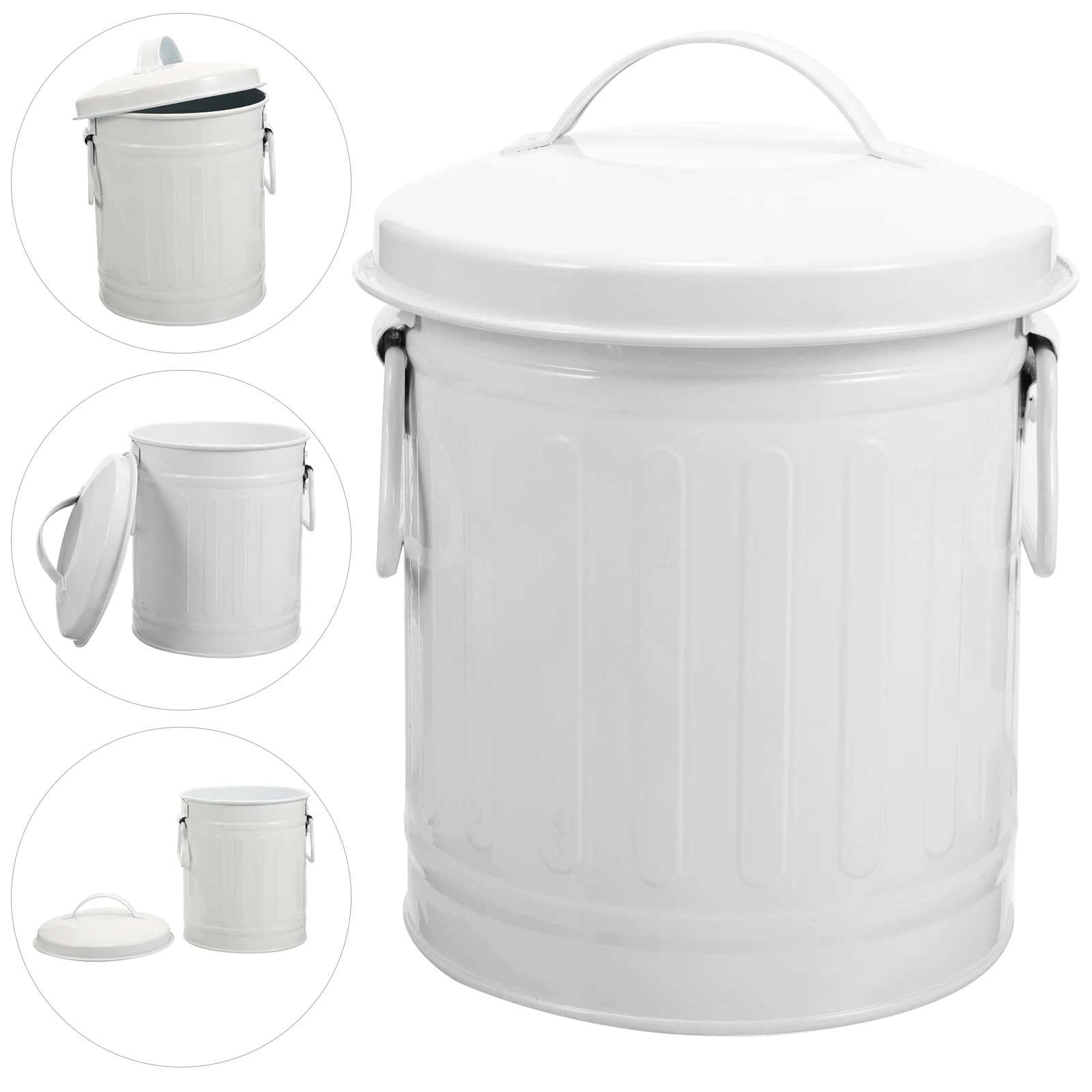 

Desktop Storage Mini Trash Can Lid Vintage Iron Garbage Bin for Bedroom Metal Trash Can For Table Office Flower Pot Small White