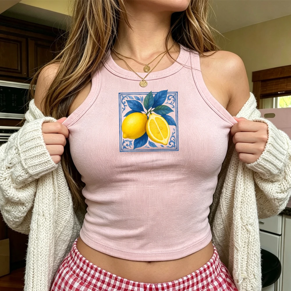 Blue Tile Lemon Graphic Pink Ribbed Tank Top Women Summer Mediterranean Style Sleeveless Crop Shirt Aesthetic Vacation Tee