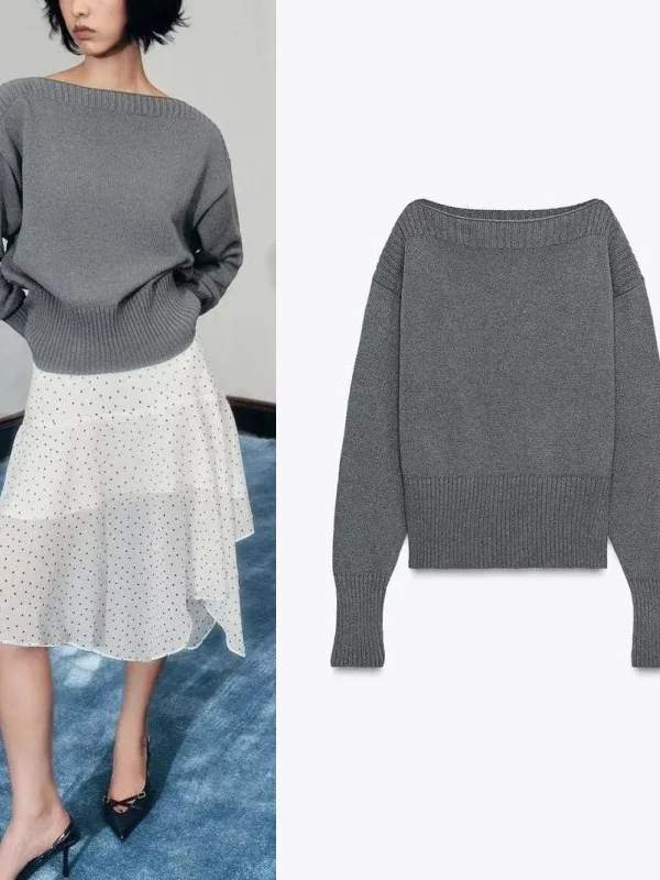 

New Autumn Women's Faionable Pure Color Loose Long Sve Overhead Knitted Sweater Simple Commute Sle One-oulder Design