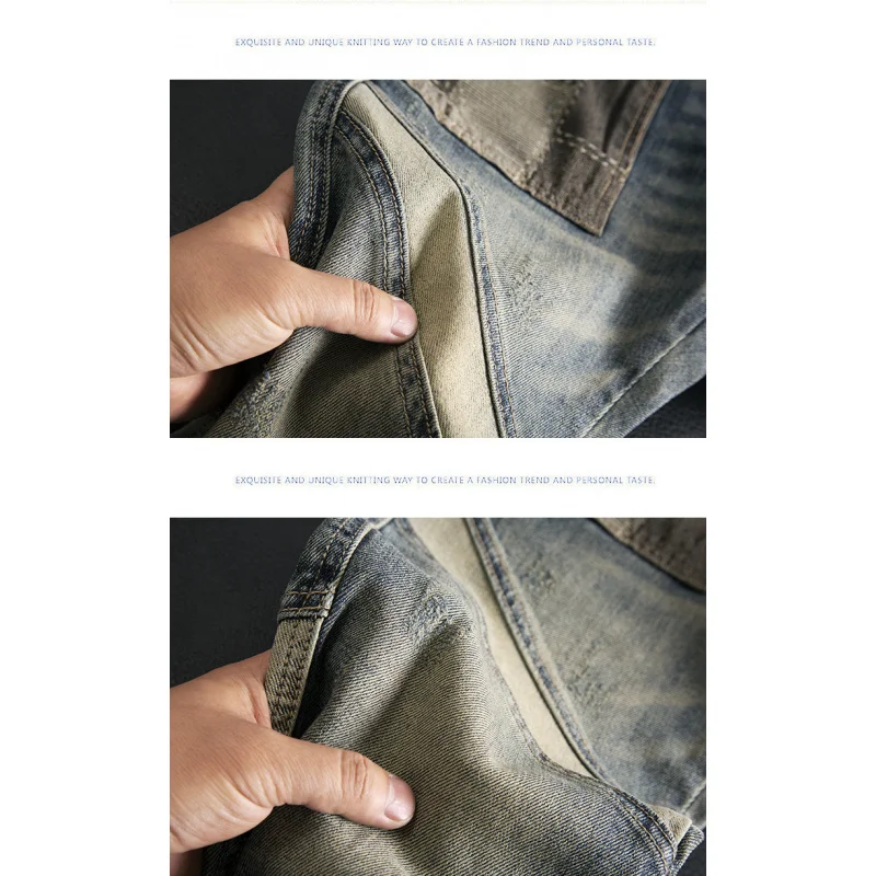 Retro jeans men's trendy brand street fashion splicing design slim fit small straight leg long pants