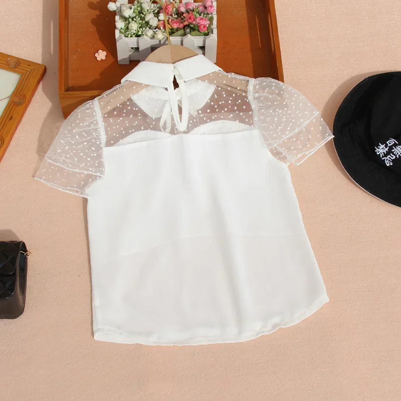 Fashion Chiffon Blouse Girls White Short Sleeve Shirt Turn-down Collar Lace Tee