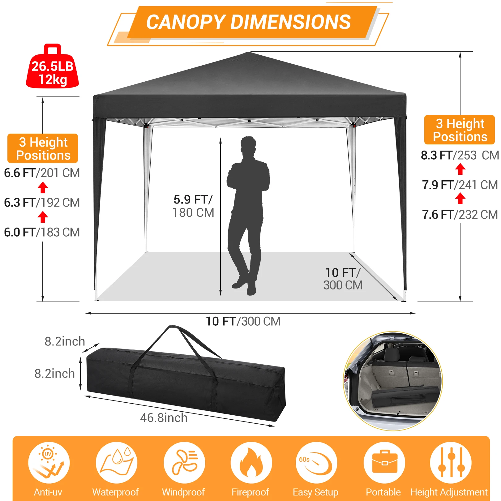 10x10 Ez Pop Up Canopy Tent, UPF 50+ Waterproof Outdoor Canopy Gazebo for Commercial Sun Shade Party Backyard with 4 Sandbags