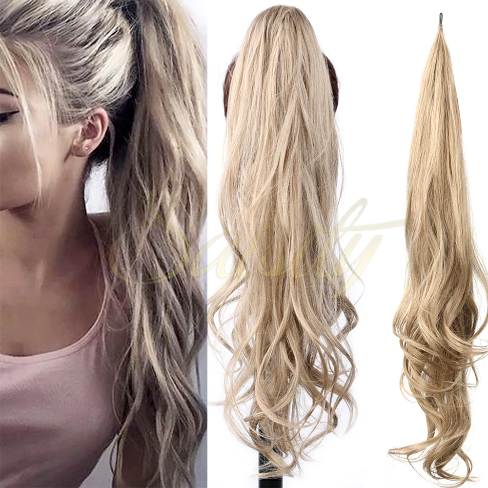 Saisity 32 polegada sintético envoltório flexível em torno de rabo de cavalo comprimento extensões de rabo de cavalo loira hairpieces para uso diário feminino