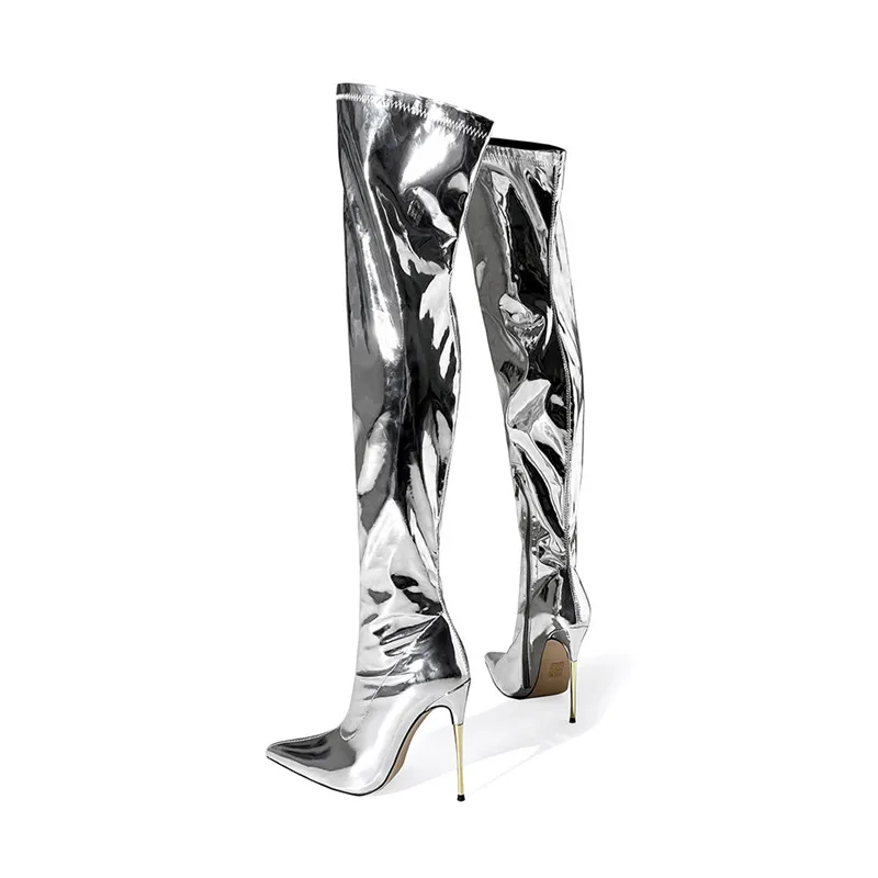 MKKHOU Fashion Over Knee Boots stivali da coscia Sexy con tacco sottile in metallo a punta di alta qualità da donna stivali lunghi invernali moderni in argento