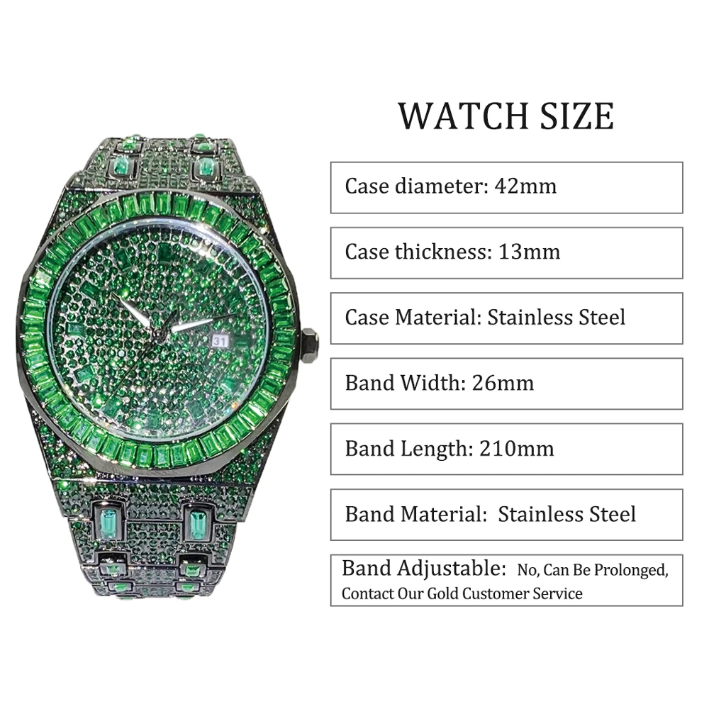 MISSFOX IED Out Green Color Diamond Men\'s Watch Luxury Calendar Waterproof Quartz Watches For Men High Quality Big Hand Clock