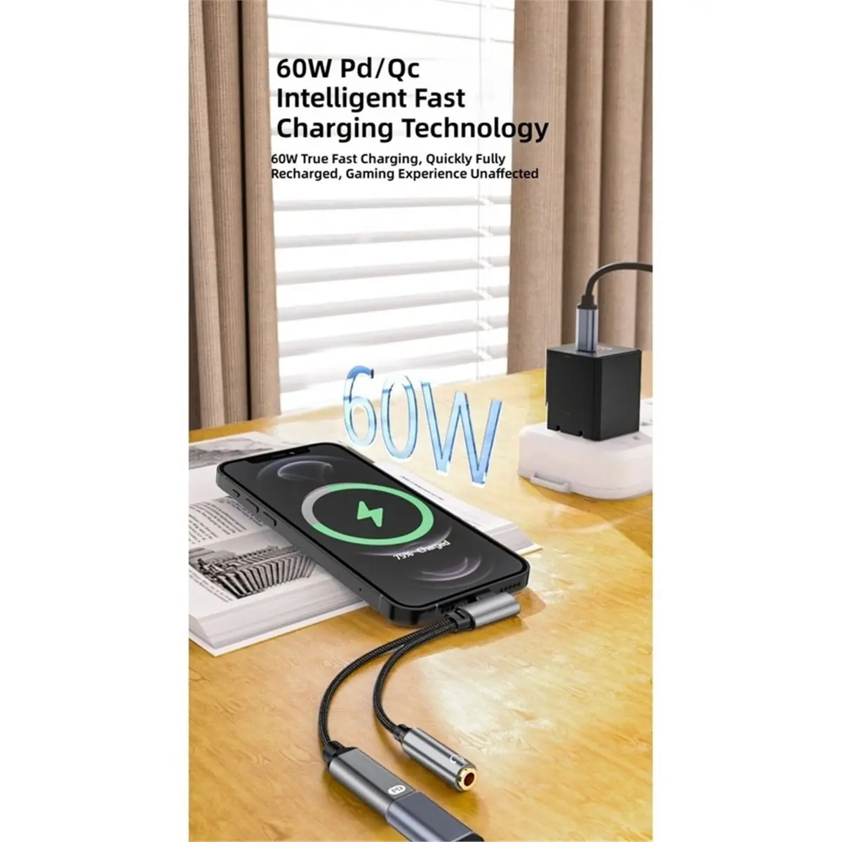 2 in 1 90 Degree USB Type C to 3.5MM Jack Adapter PD 60W Charging Charger OTG Data Microphone Audio Cable 16 Bit 48 KHz