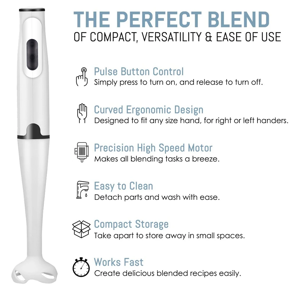 New Immersion Blender 400-Watt Turbo Stick Hand Blender, Powerful Ice Crushing Design Purees Smoothies, White EU Plug