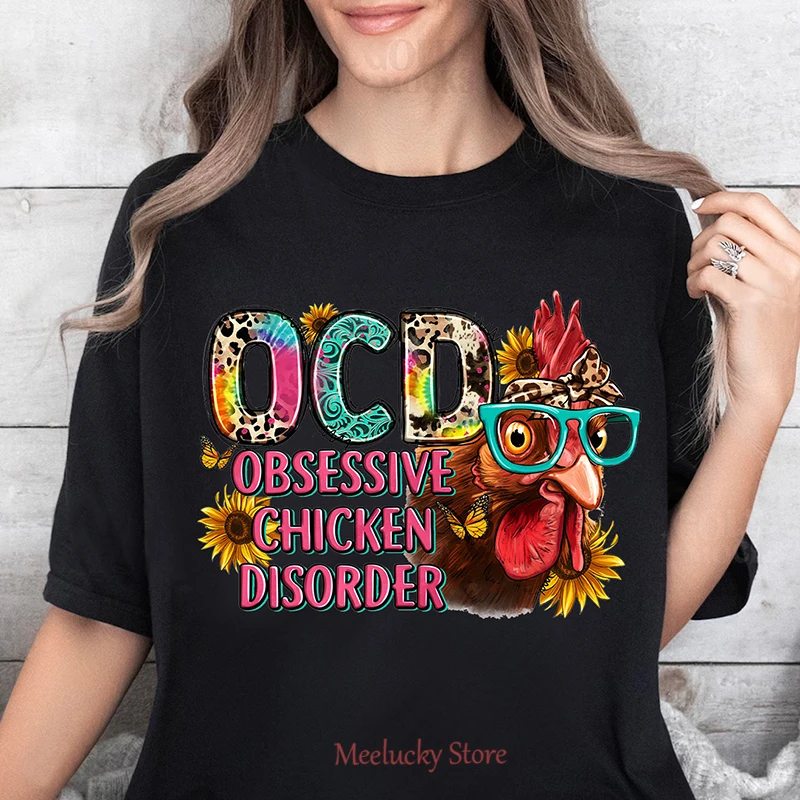 OCD obsessive chicken disorder funny chicken letter print pattern women's casual funny short sleeved top, pure cotton breathable