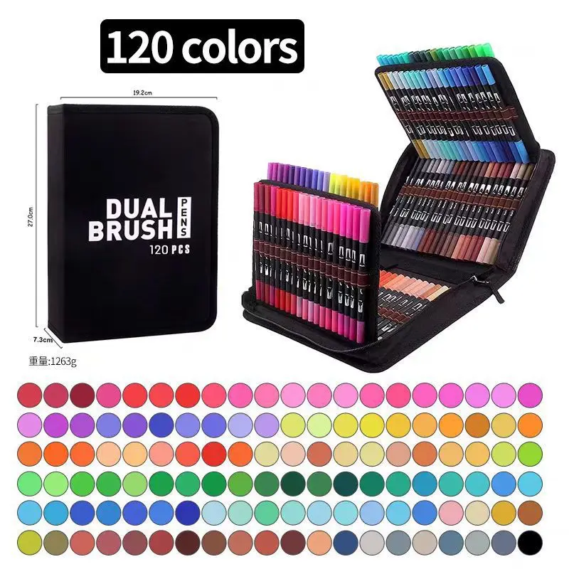 60/120 colors Dual Tip Brush Markers CD carrier Bag Art Permanent  Professional Artists Coloring soft Pens Fine Kids Adult Books