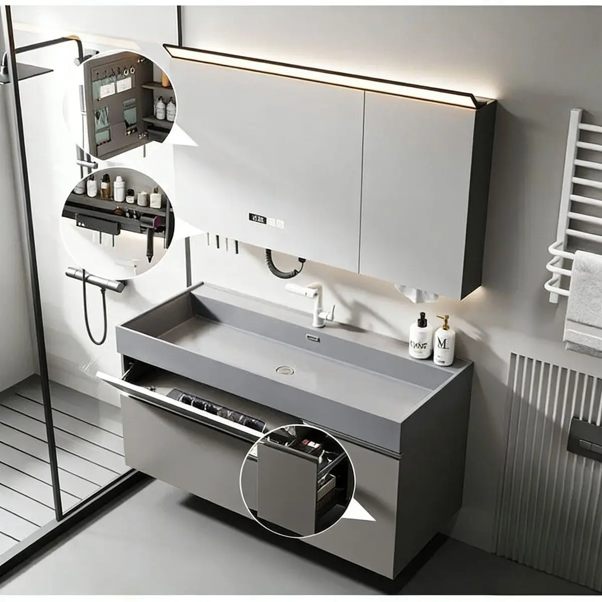 

Bathroom cabinet Toilet multi-functional ceramic combination washbasin with pull basket Integrated basin Washing smart mirror
