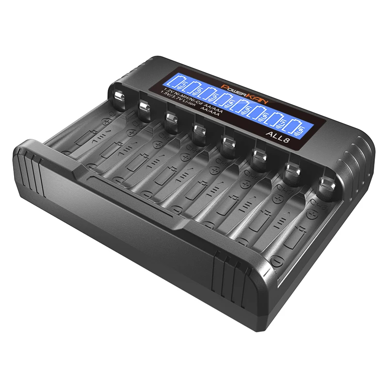 POWERKAN ALL8 charger, 8-slot high-speed LCD AA/AAA charger, suitable for 1.2V Ni-MH 1.5V/3.7V Li-ion rechargeable batteries