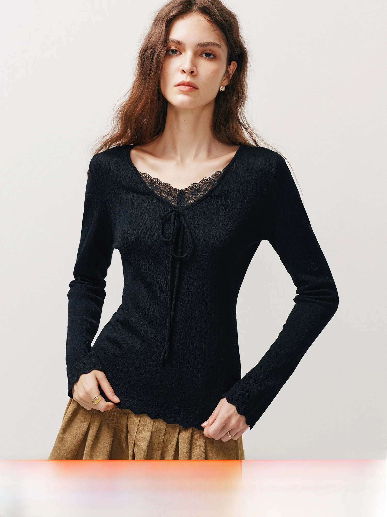 Elegant Daily Wool Blend 3D Knitted Lace Patchwork V-Neck Long Sleeve Slim Fit Top Comfortable Stretchy Polyester Blend
