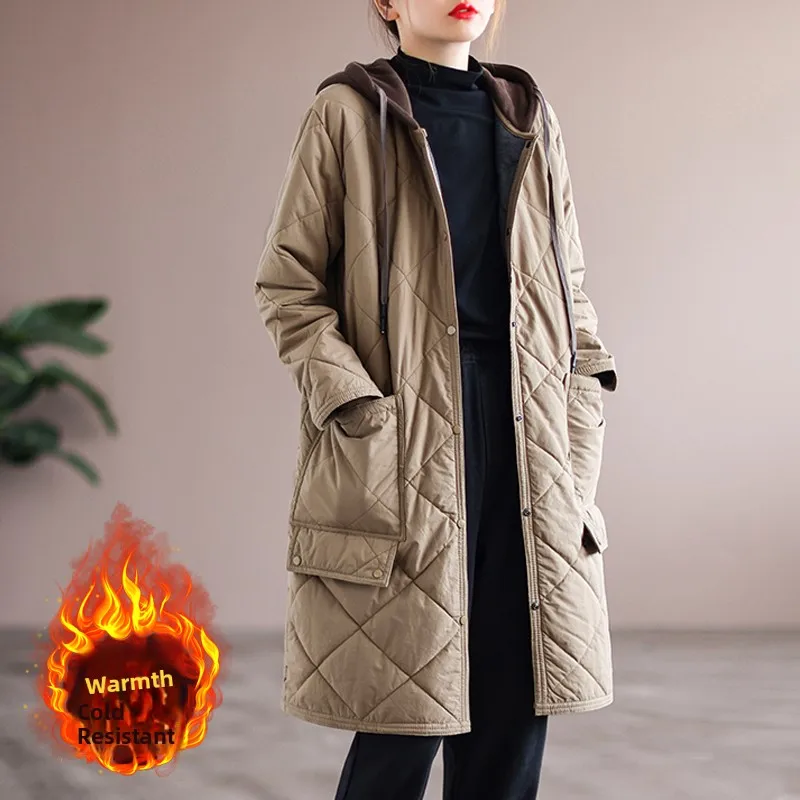 

Thickened Cotton Jacket Women's Midi Loose Casual Hooded Cotton Coat Outerwear Splicing Pocket Long Sleeve Button Plaid