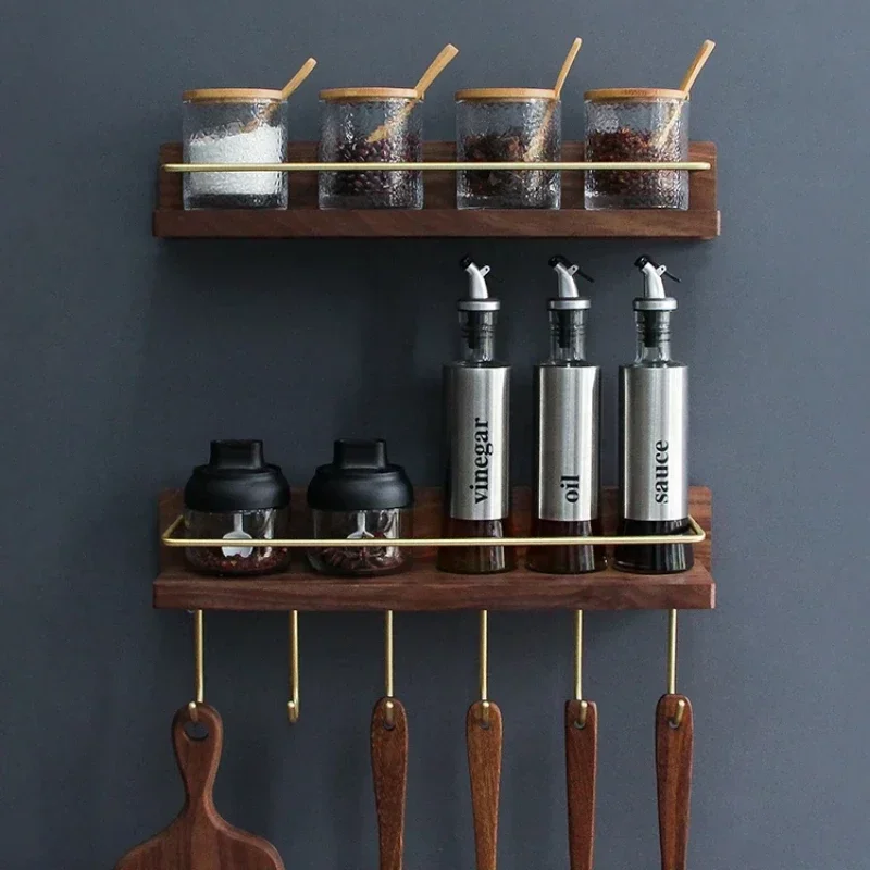 

Walnut Kitchen Shelf–Multi-functional Hook Punch-free Hanging Load Bearing, Spice Jar Storage Rack Kitchen Organizer, Wall Shelf