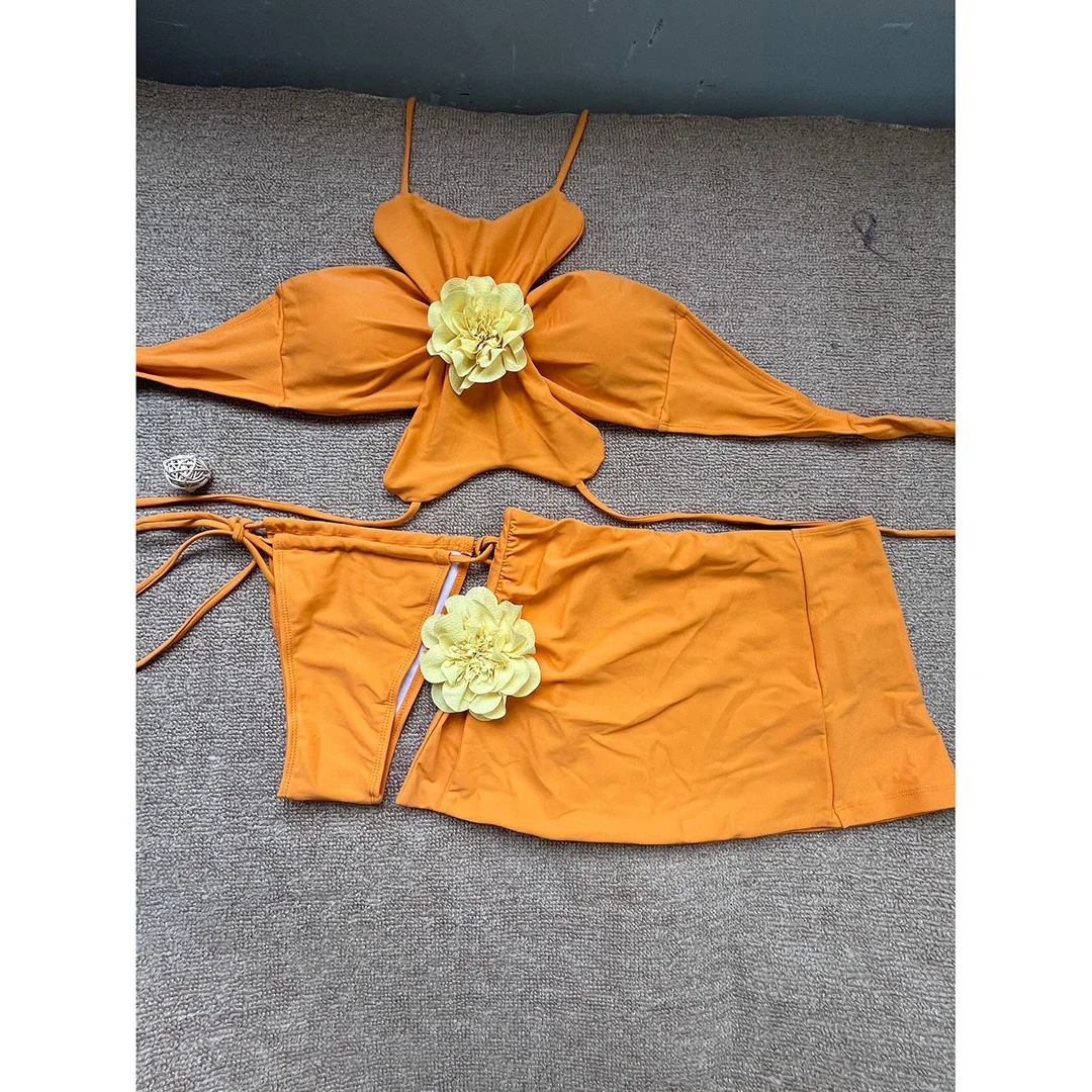 Mit Rock 3D-Blumen Neckholder-Bikini Damen-Badeanzug Damen-Bademode Dreiteiliges Bikini-Set Gepolsterter Badeanzug Badebekleidung V6699 – Detail 3