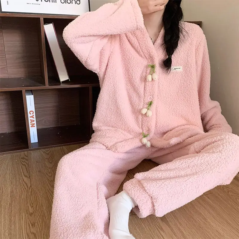 

Пижамный комплект из кораллового флиса, женский зимний фланелевой утепленный комплект одежды для сна, комплект домашней одежды, милый кардиган в стиле принцессы, брюки, наряды