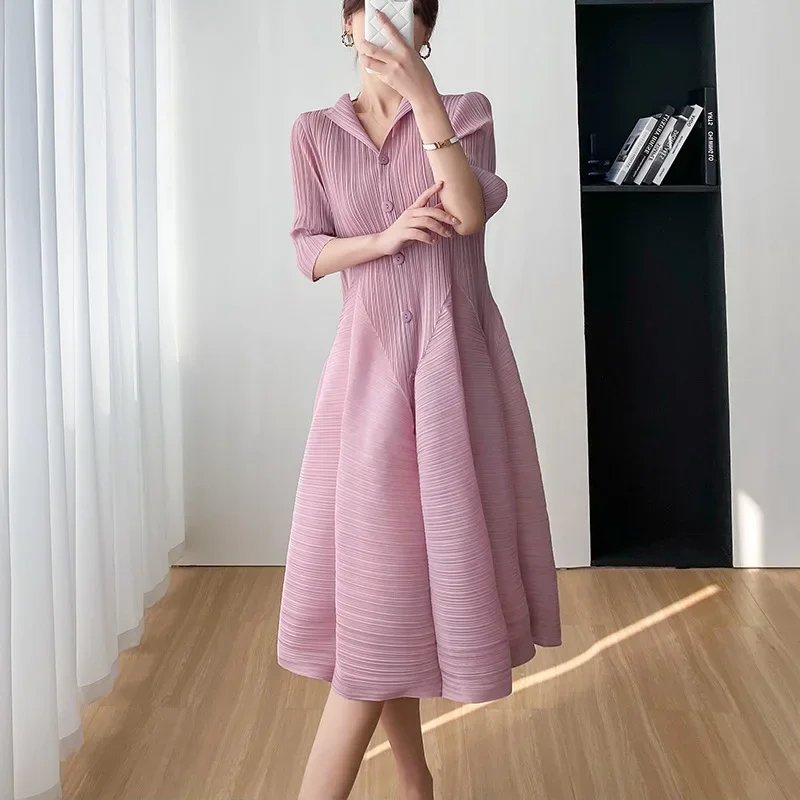 Miyake Pleated Dress Women 2023 Elegant Slim Summer New Casual Mid-length Dresses Women Clothing