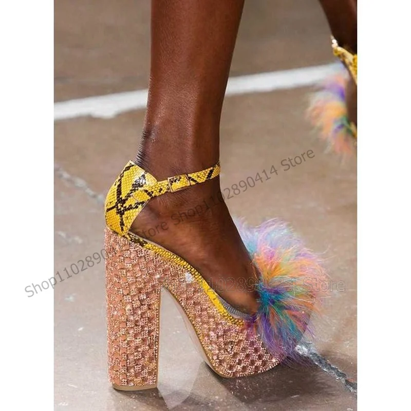 

Colorful Feather Blings Snakeskin Print Platform Sandals Buckle Strap Women Shoes Chunky High Heels New 2024 Zapatos Para Mujere