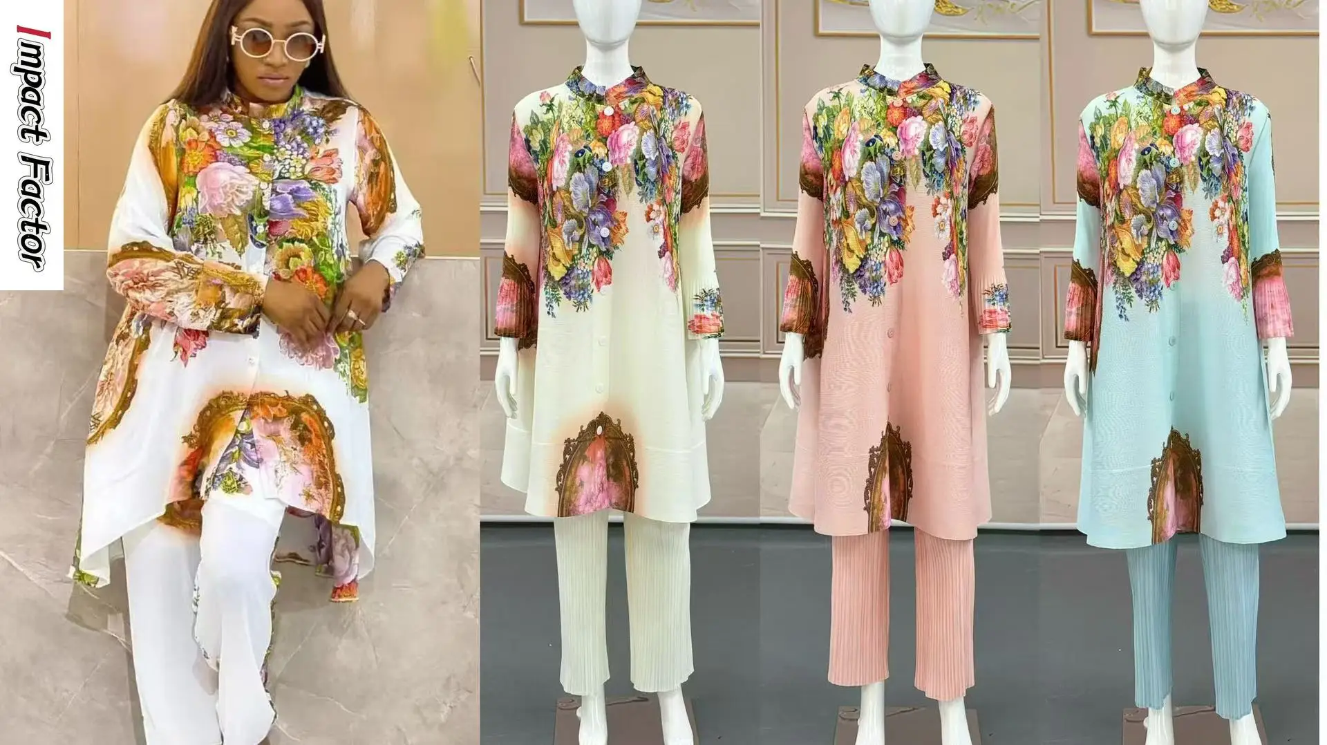 

Осень 2023, новый комплект из двух частей с цветочным принтом + повседневные свободные однотонные брюки, женский плиссированный костюм Miyake