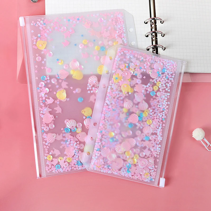 Kawaii Loose Leaf Inner Pocket Cute Glitter Sequins A5 A6 Zipper Bag 6 Holes Binder Journal Planner Inner Storage Pouch Office