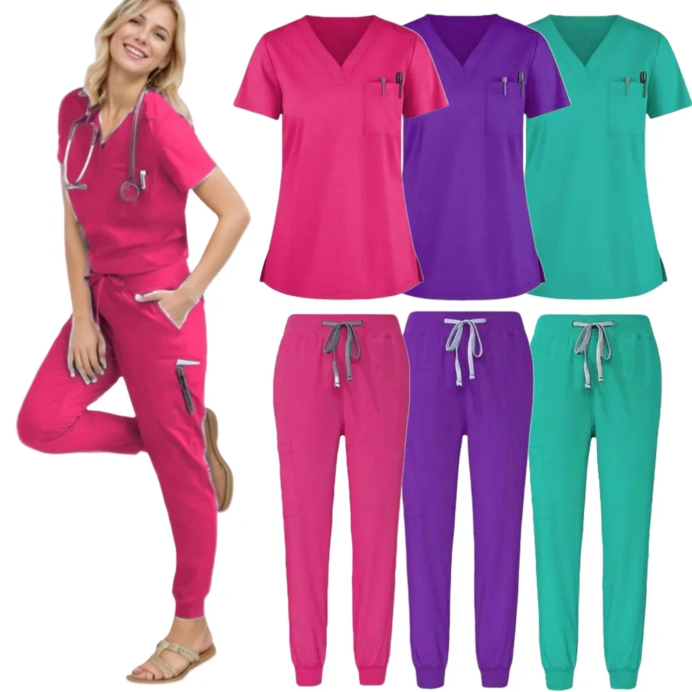 

Scrubs Uniform Suit Short Sleeve V-neck Tops+jogger Pants Set Nursing Uniform Women Multicolor Pet Doctor Scrub Medical Workwear