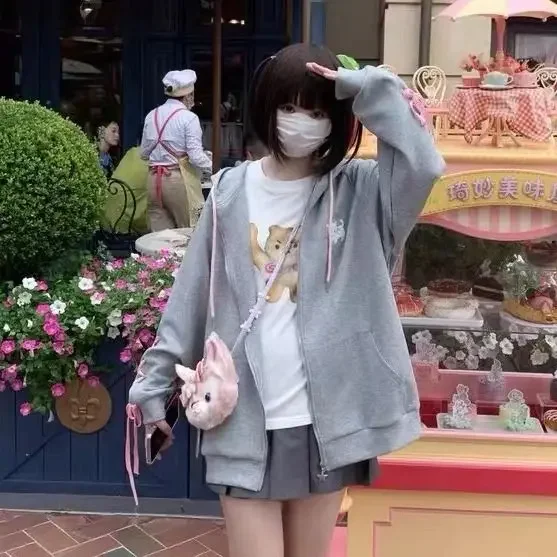 Grey Ear Embroidery Sudadera Mujer Sweet Casual Japanese Kawaii Hoodie Anime Sweatshirts Zip Up Top 2026 Jacket Women - view 5