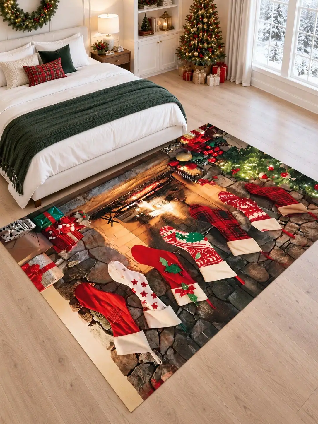 Christmas Rug Fireplace Stockings Garland Living Room Bedroom Entryway Hallway Floor Carpet Gift for Family Friends Neighbors Winter Thanksgiving Birthday Anniversary Housewarming Apartment Cabin Farmhouse Home Styling Sofa Side Reading Nook