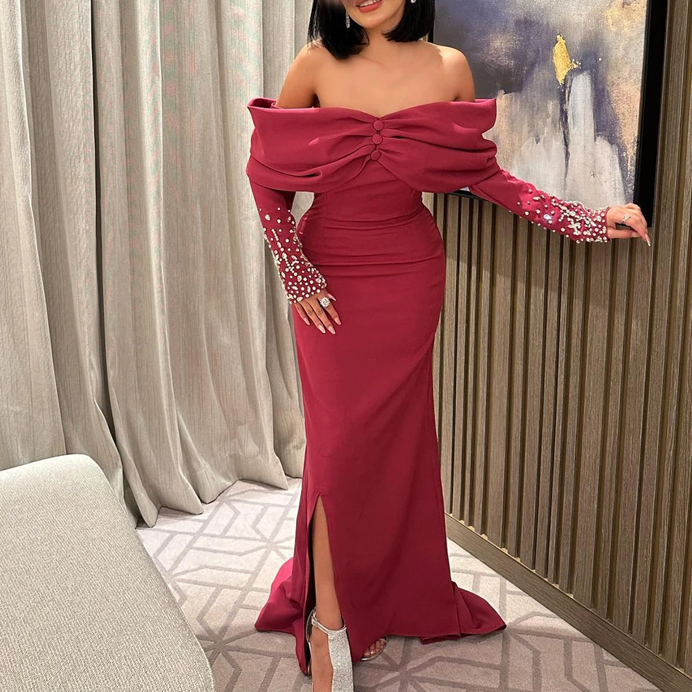 تخصيص رشيقة جيرسي مستقيم قبالة أزرار الكتف و كريستال مساء فستان طويل الأكمام لوحة قطار الأحمر Pr #2