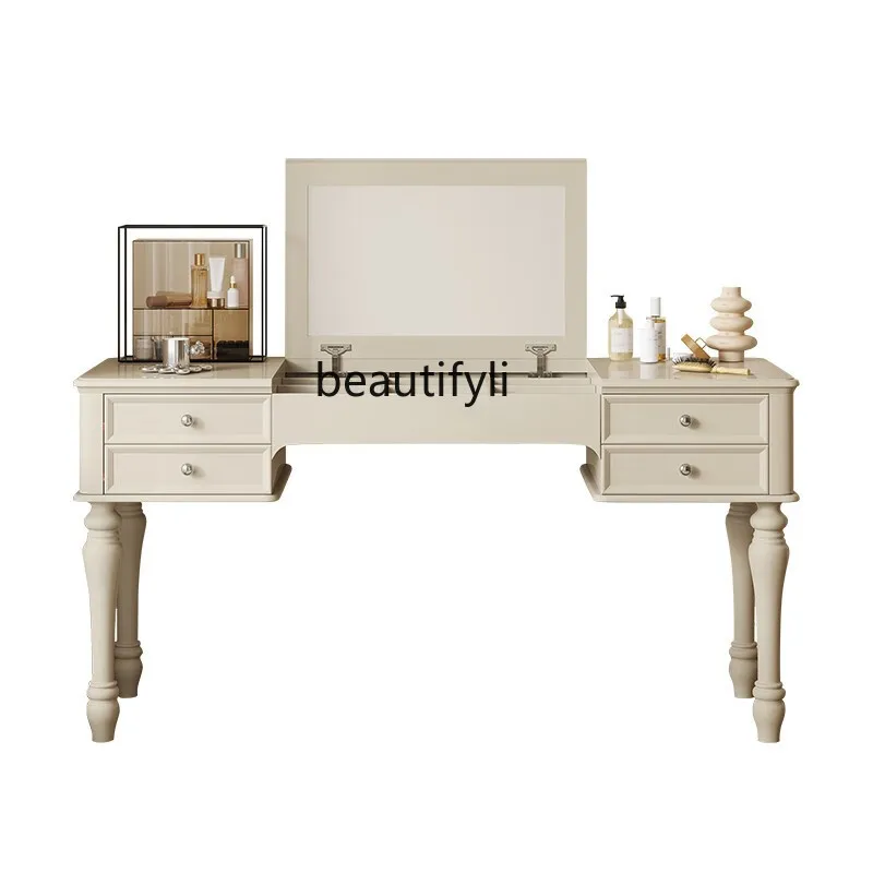 

Cream Style French Retro Dressing Table Solid Wood Flip Surface with Mirror Birch Makeup Table and Chair