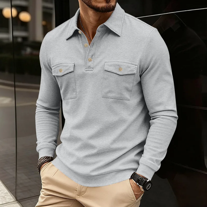 Spring Autumn Heavyweight Polos Men Solid Turn Down Collar Multi Pocket Loose Tops Male Pull On Long Sleeve Casual Polo Shirts